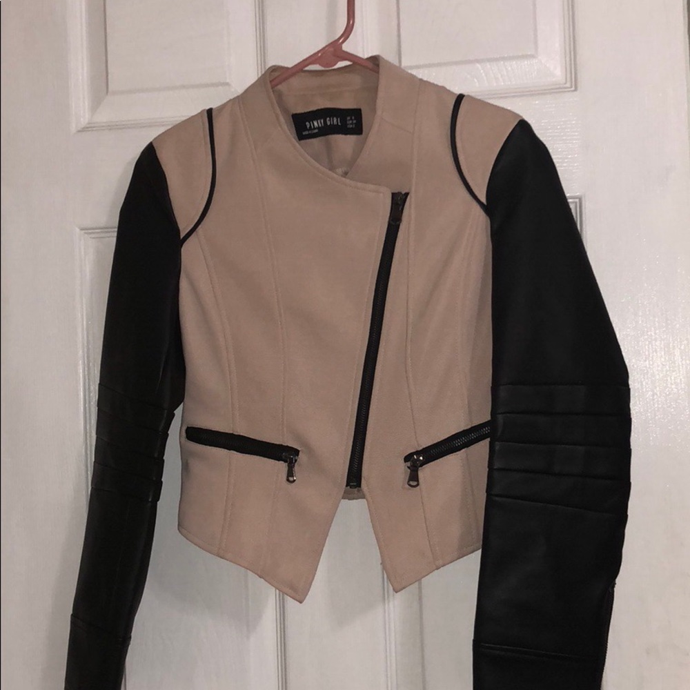 Beige and black moto jacket